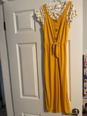 Yellow Ribbed Button-Front Jumpsuit with Tie Waist